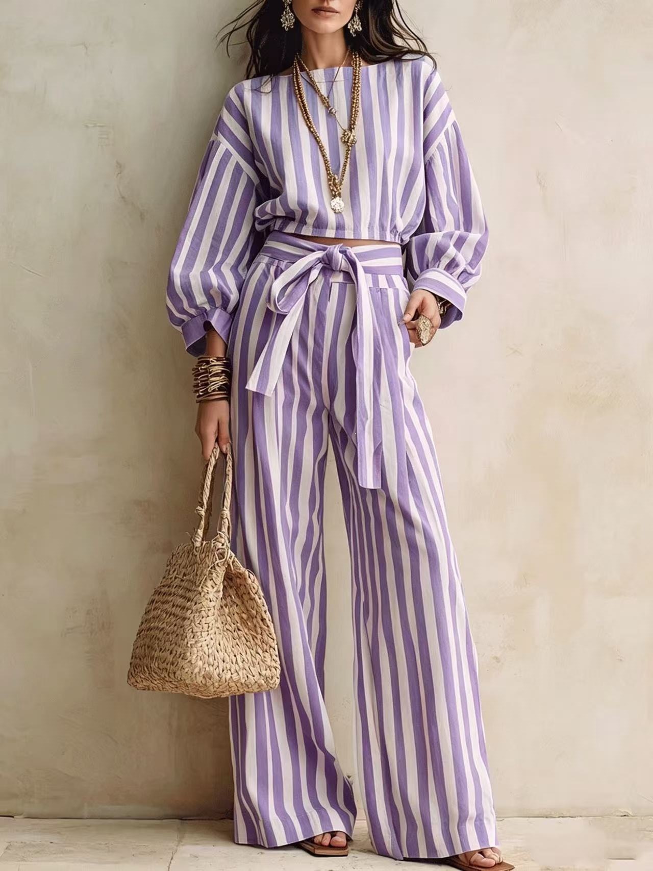 Striped Short Top & Wide-Leg Pants Set with Tie