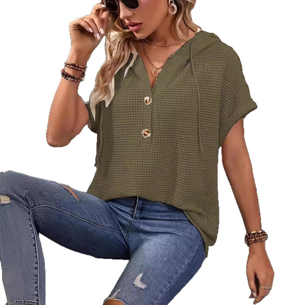 Women's Solid Button Short-Sleeve Top