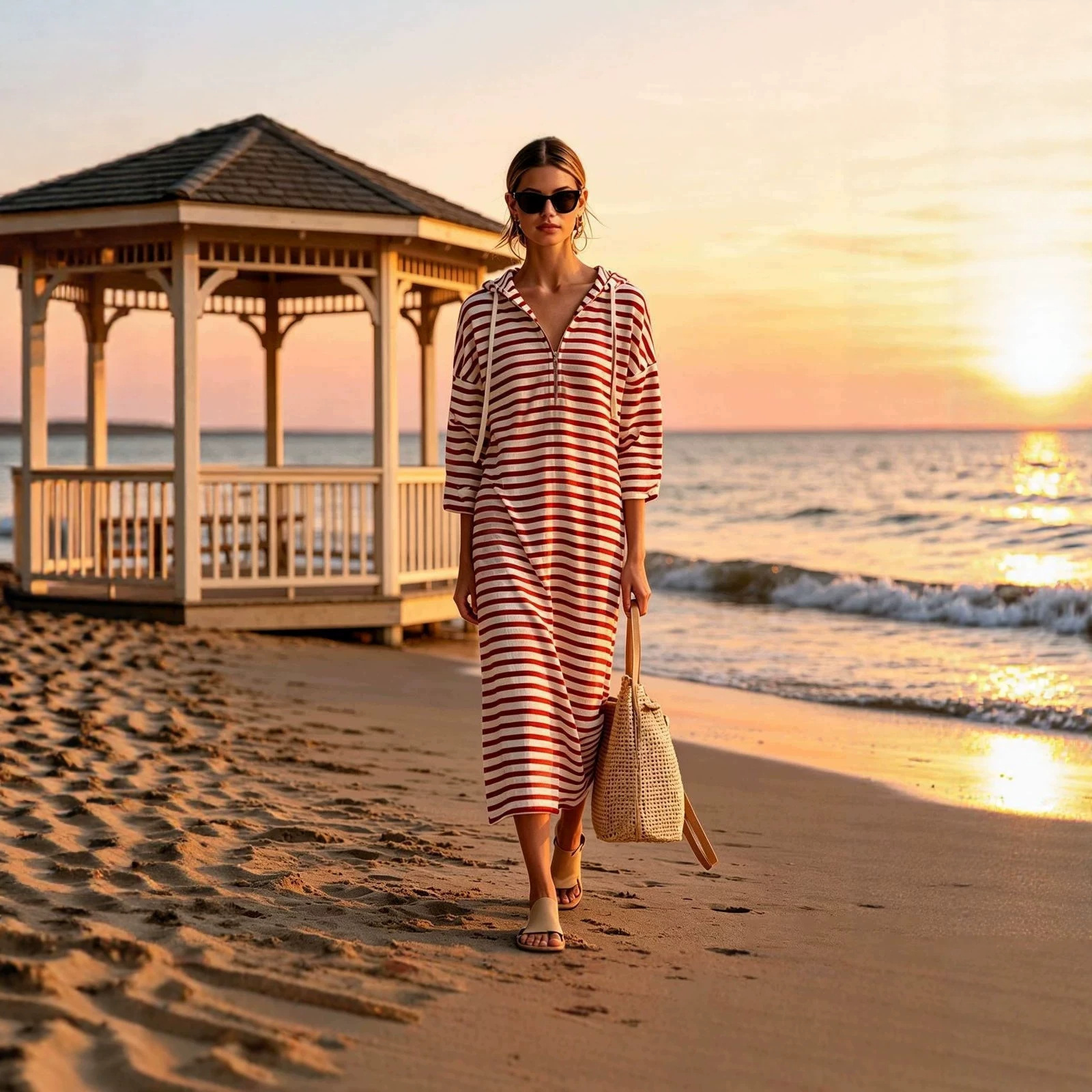 Striped Hooded Midi Dress Casual Sporty Long Sleeve