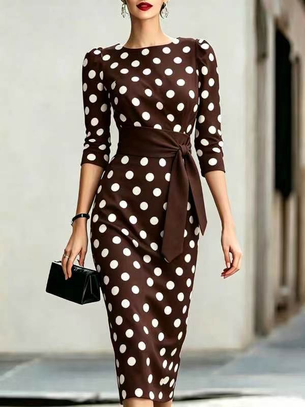 Color-Block Polka Dot Belted Slim Fit Long Sleeve Dress