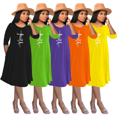 Faith Print A-Line Midi Dress with 3/4 Sleeves