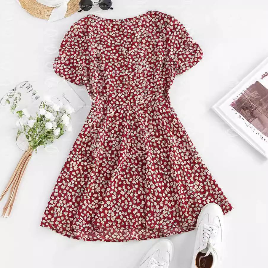 V-Neck Waist-Defined Digital Print Short-Sleeve Zip Dress