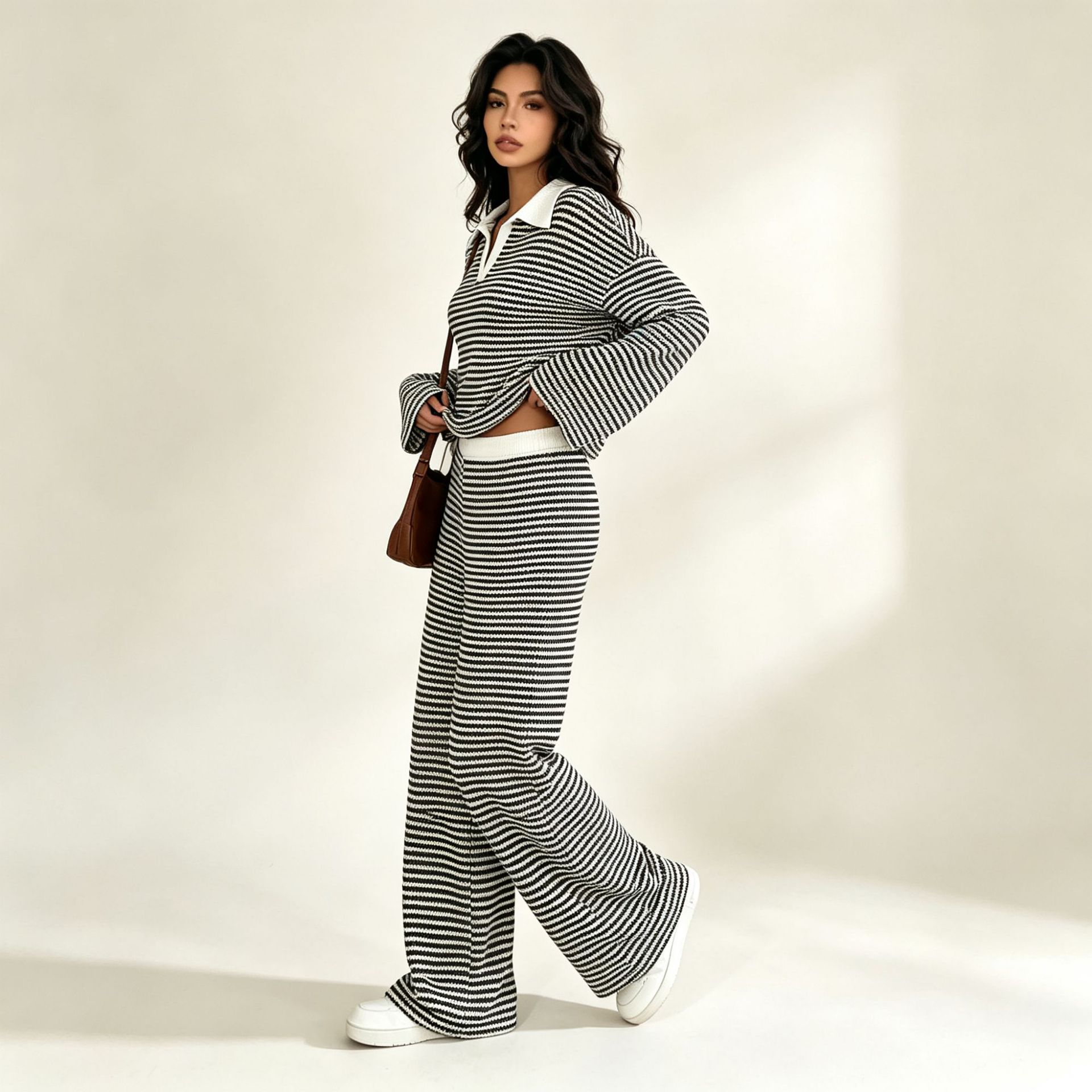 Striped Textured Polo Long Sleeve Top & High-Waist Wide-Leg Pants Set