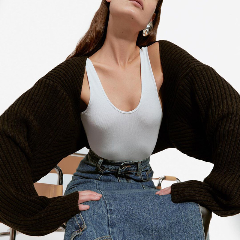 Sexy Solid Color Cropped Knit Cardigan Long Sleeve Sweater Jacket