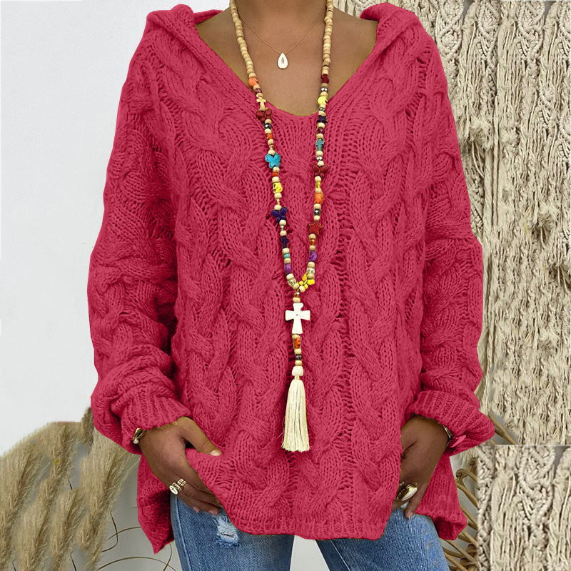 Women's Cable-Knit Hooded Sweater, Pure Color Pullover