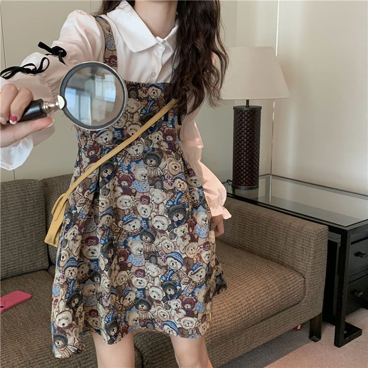 Sweet Bow Long-Sleeve Shirt Dress with Bear Print and Faux Two-Piece Suspender Skirt