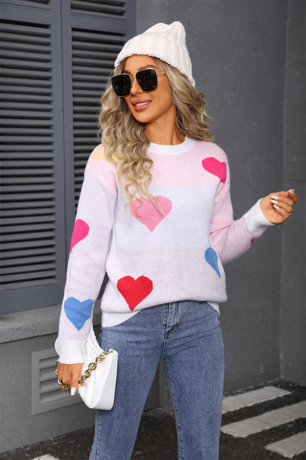 Heart Pattern Crewneck Knit Pullover Sweater