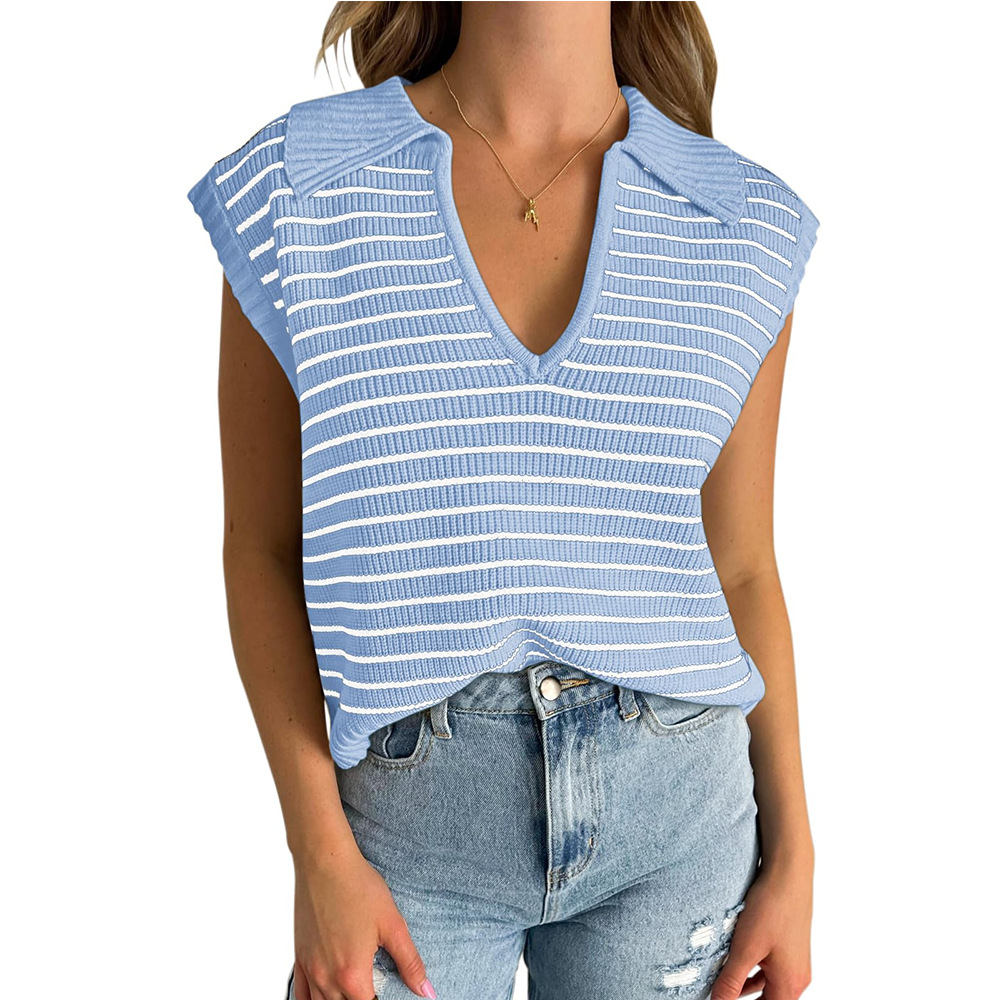 V-Neck Striped Knit Top with Collar