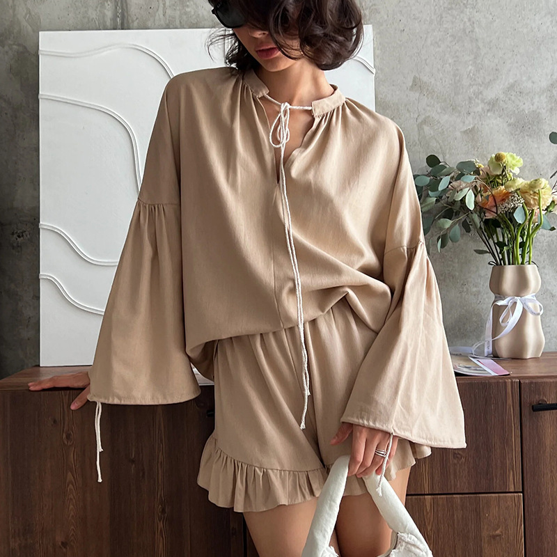 Women's Casual V-Neck Ruffle Top & Wide-Leg Pants Two-Piece Set