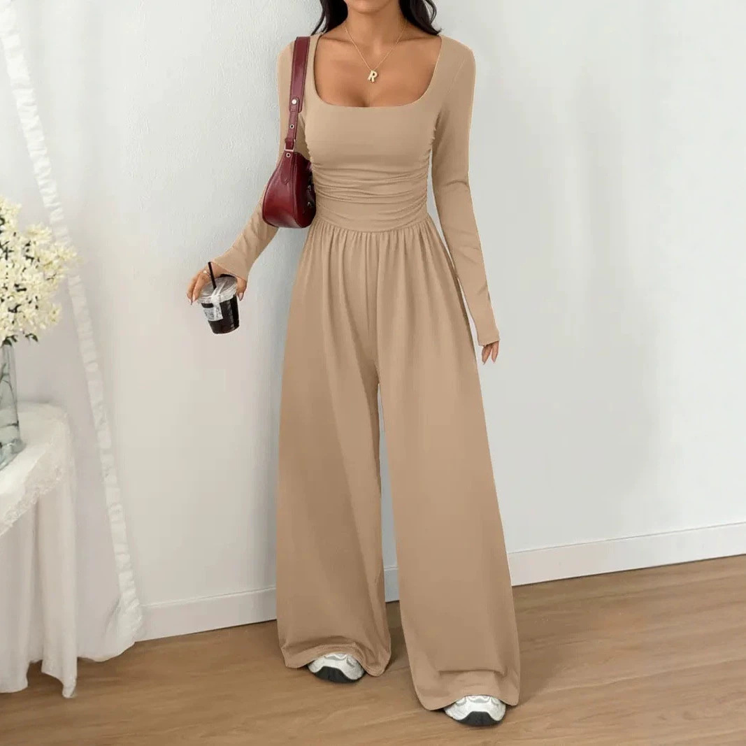 Women's Solid Color Long Sleeve Wide Leg Jumpsuit Casual Minimalist