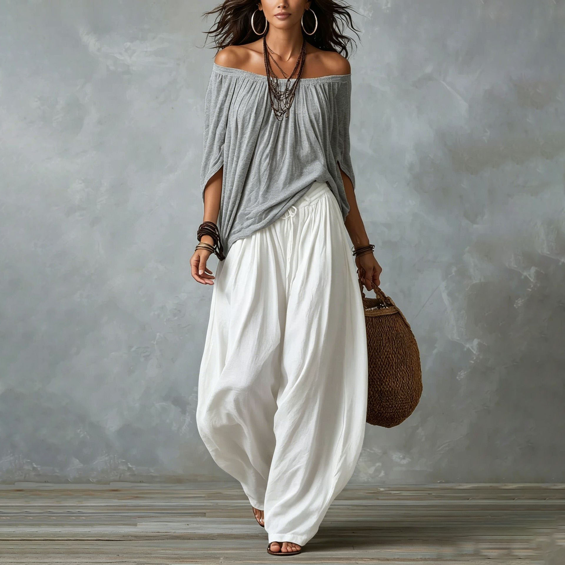 Women's Casual Solid Color Loose Top and Wide-Leg Pants Two-Piece Set