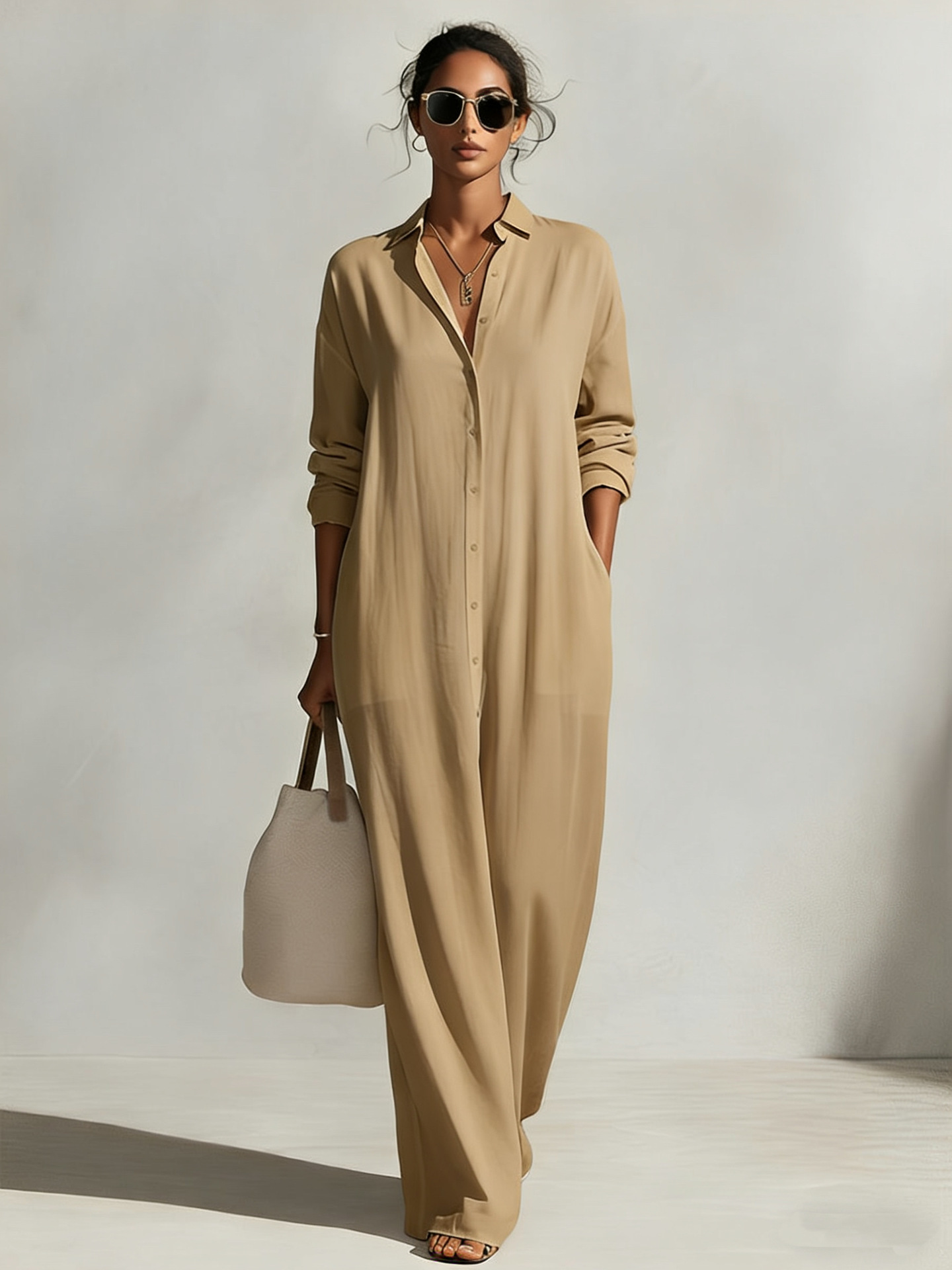 Women's Long Sleeve Polo Neck Shirt Dress Casual Solid Color Long Dress