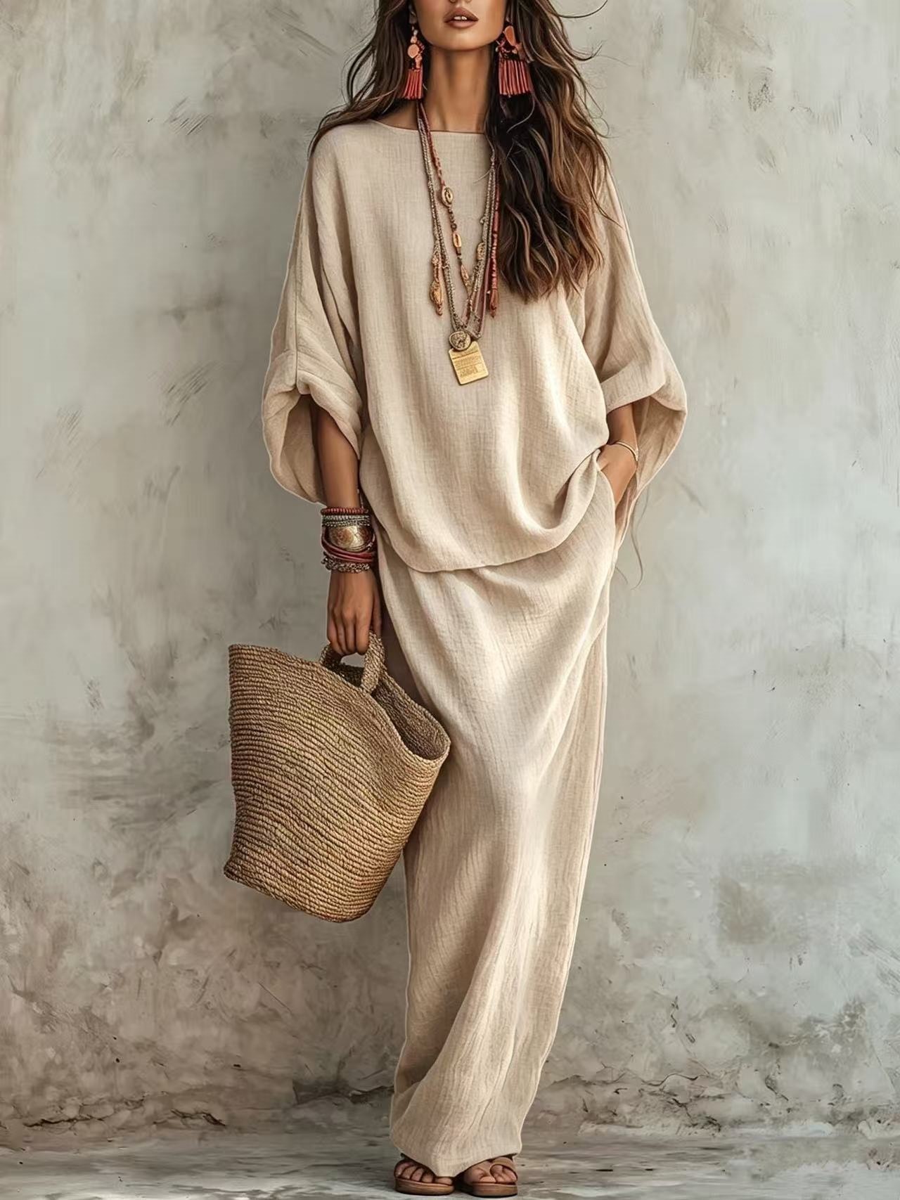 Women's Solid Color Long Skirt Two-Piece Set Casual Loose Fit