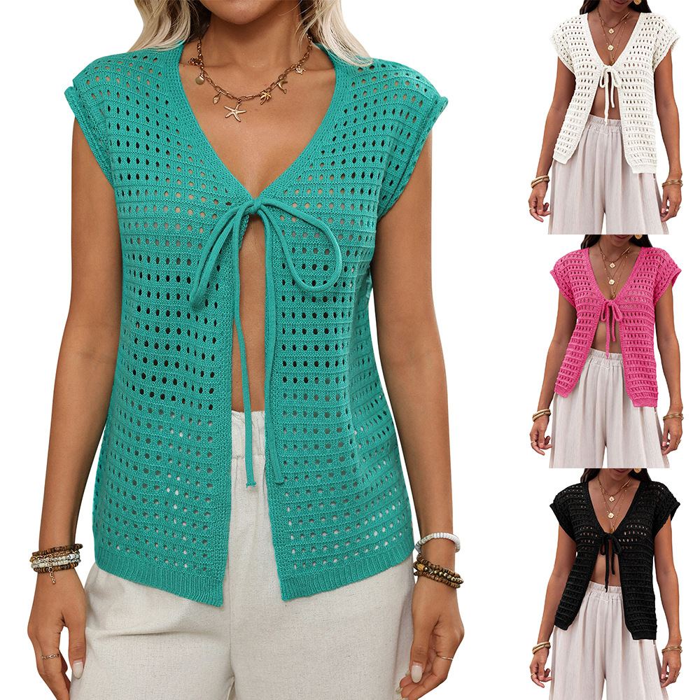 Women's Open Knit Short Sleeve Cardigan Tie-Front Hollow Out Cover-Up