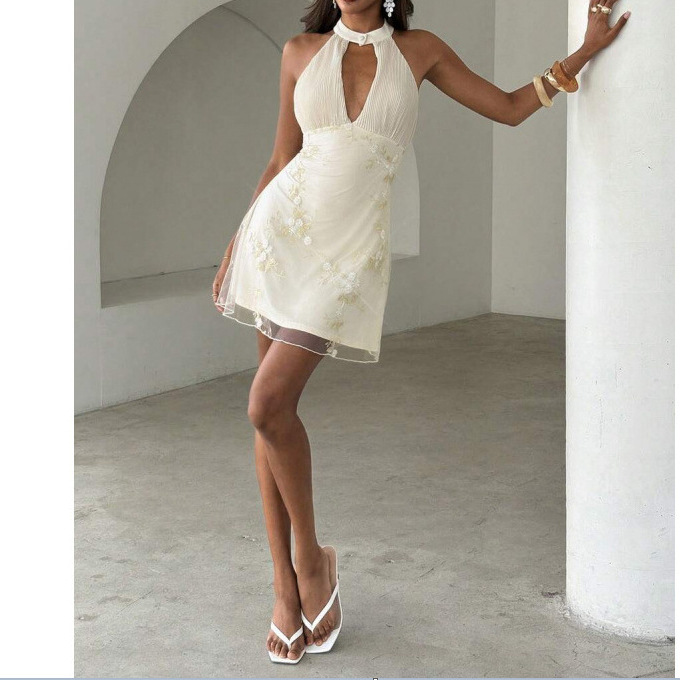Romantic Halter Open-Back Cutout Pleated Apricot Dress