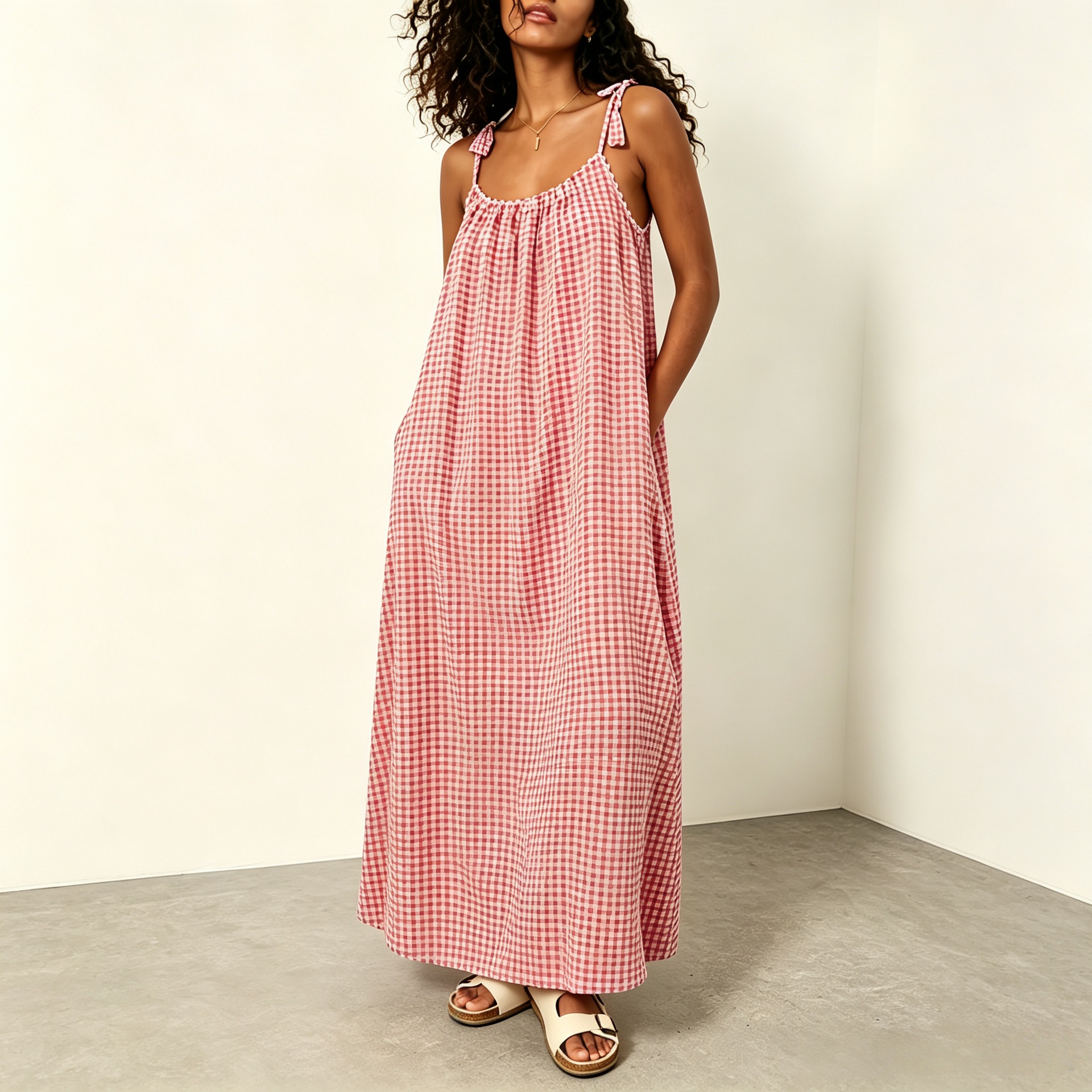 Women's Summer Sleeveless Plaid Maxi Dress Casual Loose Fit