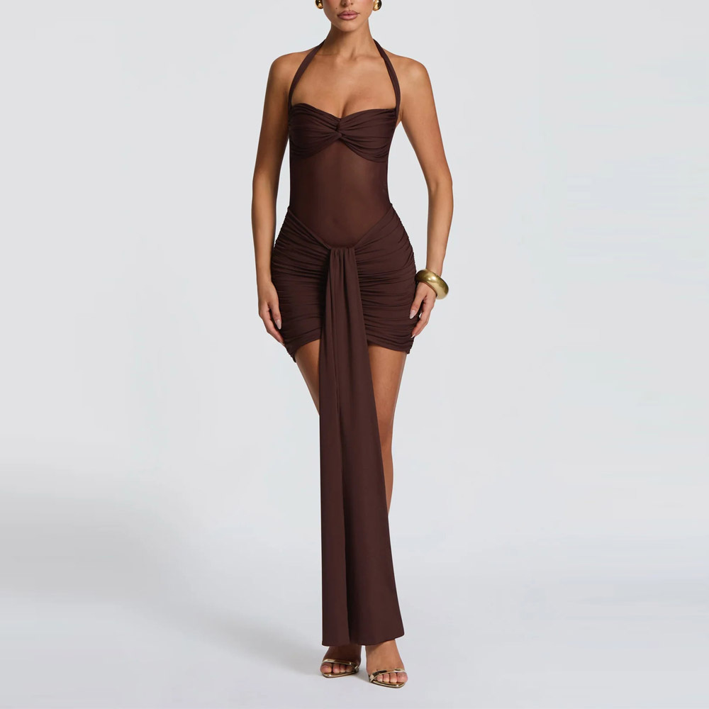 Women's Halter Neck Mesh Spliced Bodycon Mini Dress with Ribbon