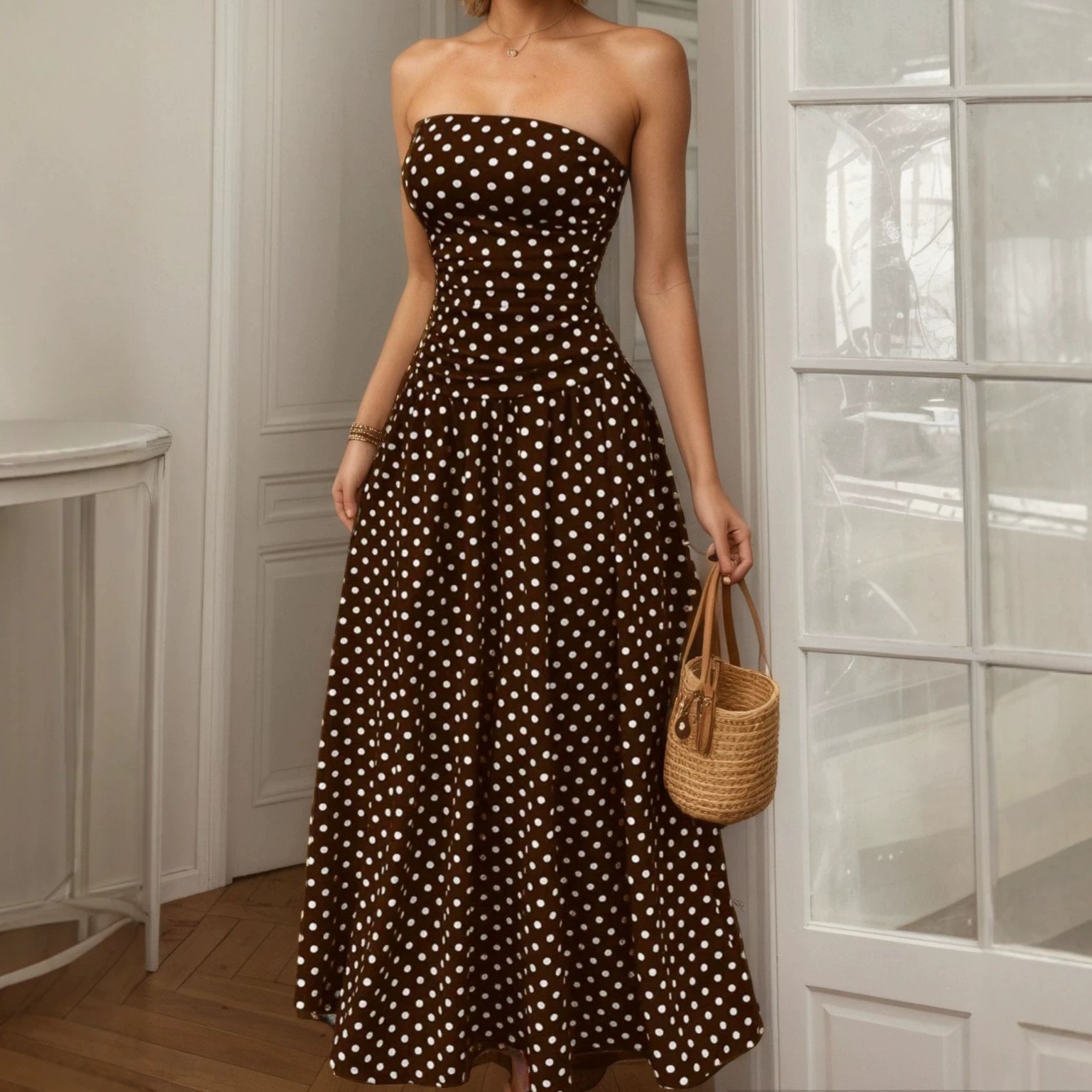 Polka Dot Halter Neck Bodycon A-Line Maxi Dress