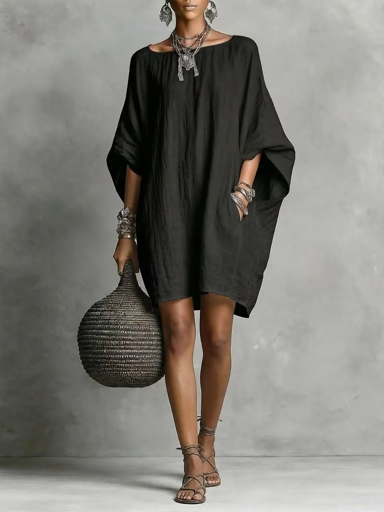 Women's Casual Loose Batwing Sleeve Midi Dress Faux Cotton Linen Pleated