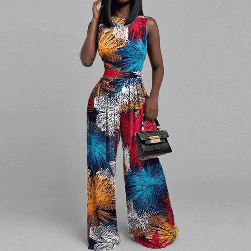 Women's Sleeveless Printed Jumpsuit Slim Fit Wide-Leg Pants