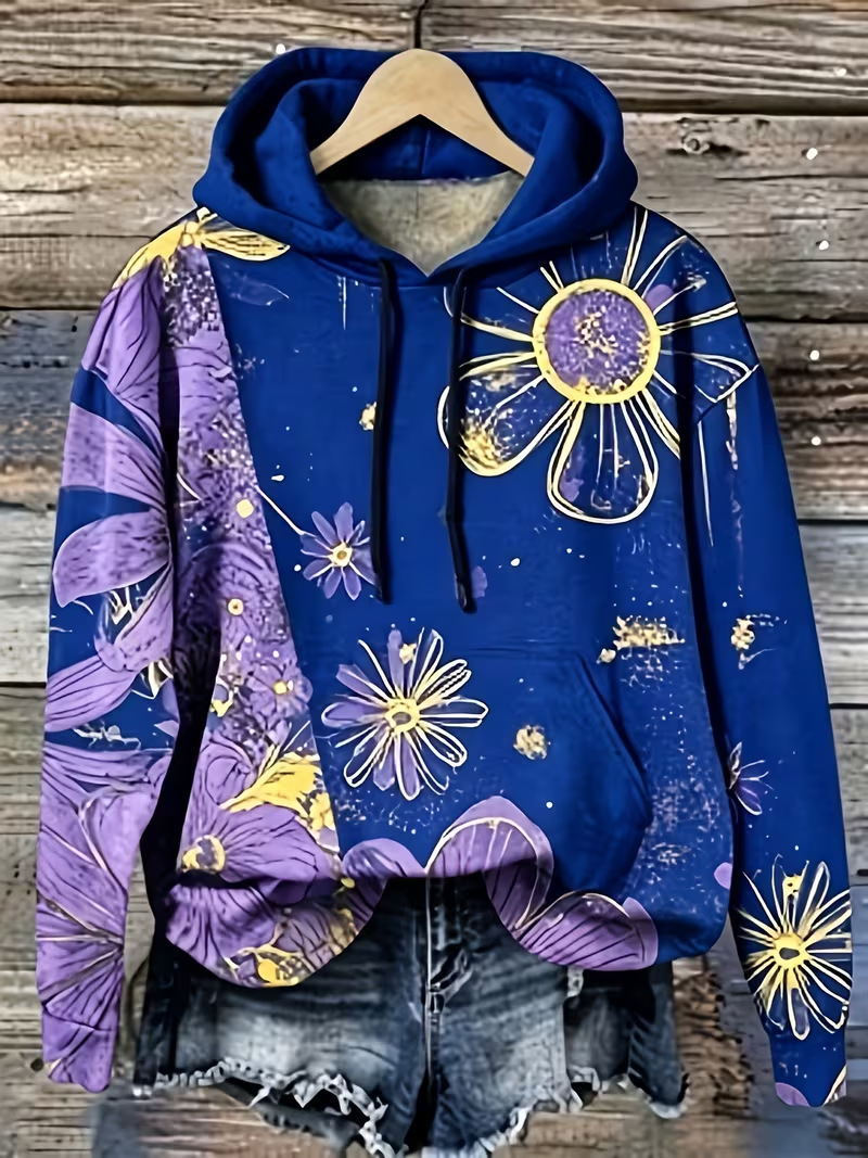 Floral Petal Print Women's Casual Hoodie