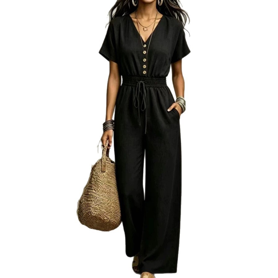 V-Neck Button-Front Short-Sleeve Drawstring High-Waist Wide-Leg Cotton-Feel Jumpsuit
