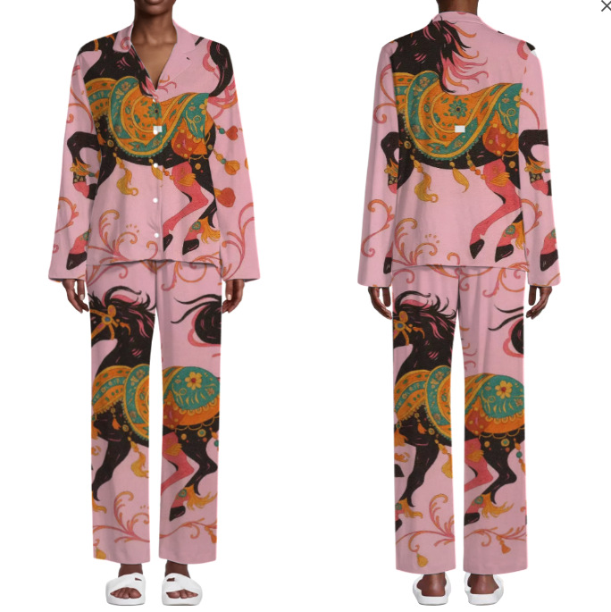 Women's Cuban Collar Horse Print Long Sleeve Loungewear Set