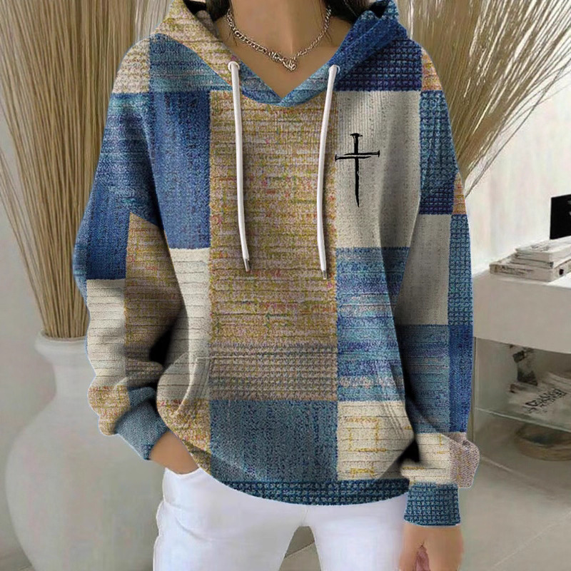 Women's Plaid 3D Digital Print Hoodie Casual Sweatshirt