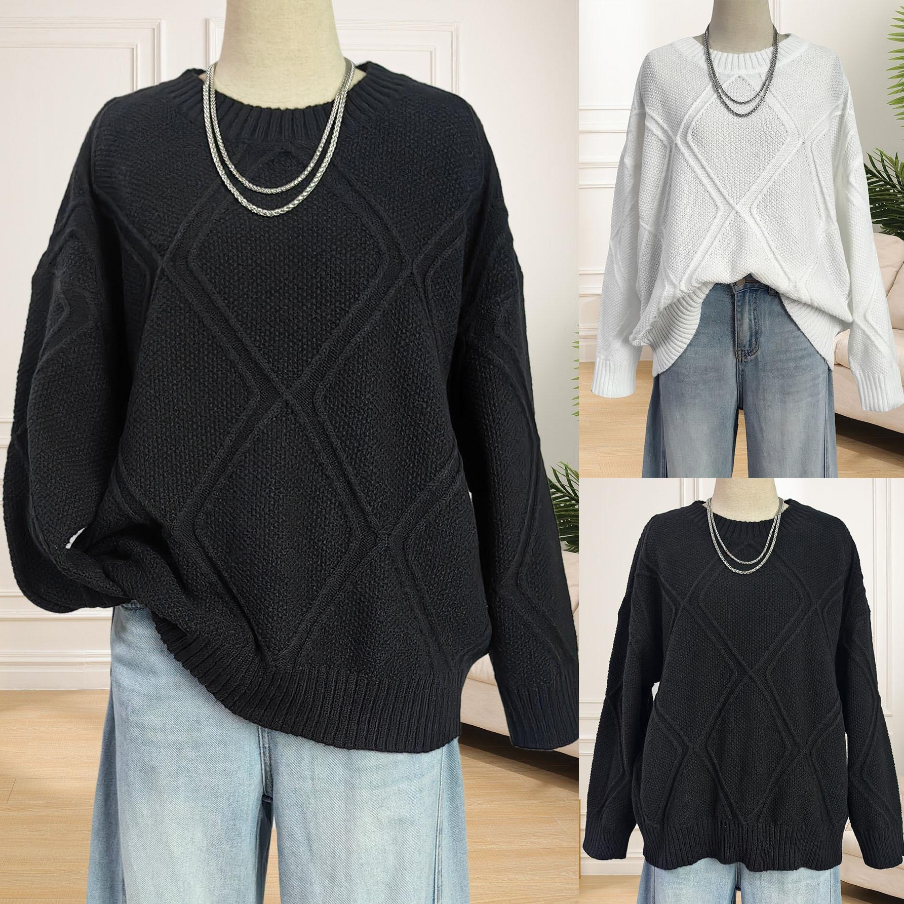 Women's Argyle Jacquard Pullover Sweater Loose Casual Crew Neck Long Sleeve