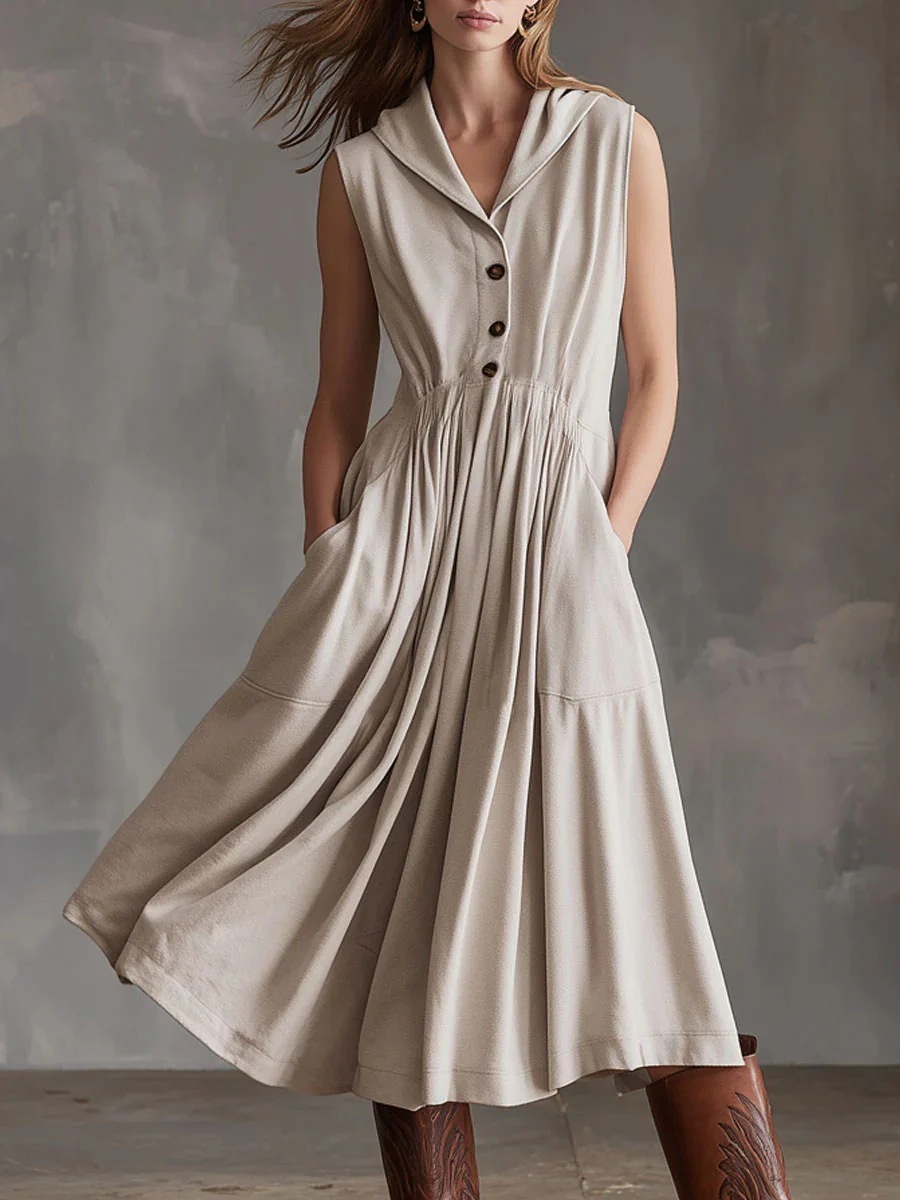 Women's Sleeveless A-Line Midi Dress with Oversized Collar