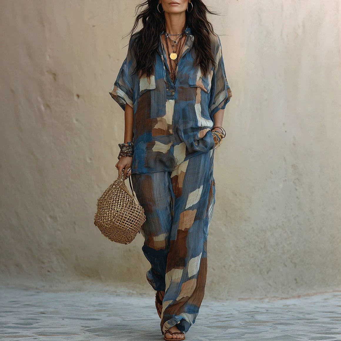 Women's Printed Two-Piece Wide-Leg Pants Set Casual Streetwear