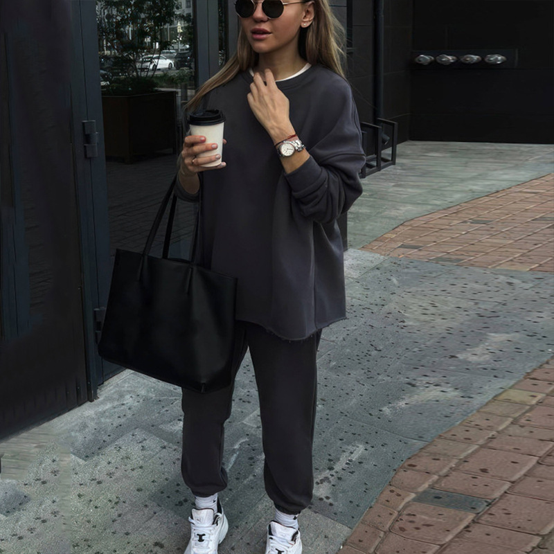 Women's Casual Solid Color Long Sleeve Top and Elastic Waist Pants Two-Piece Set