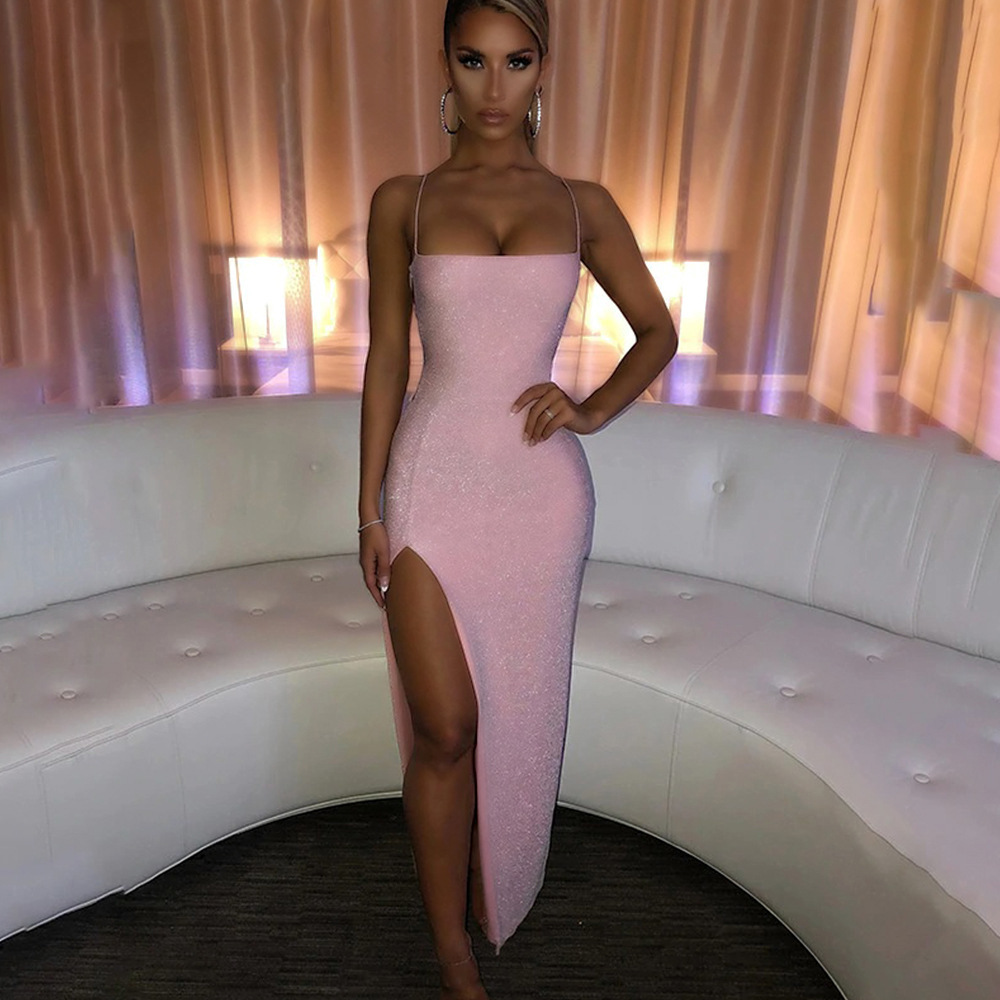 Sexy Square Neck Open Back Solid Bodycon Dress with Metallic Thread Slit