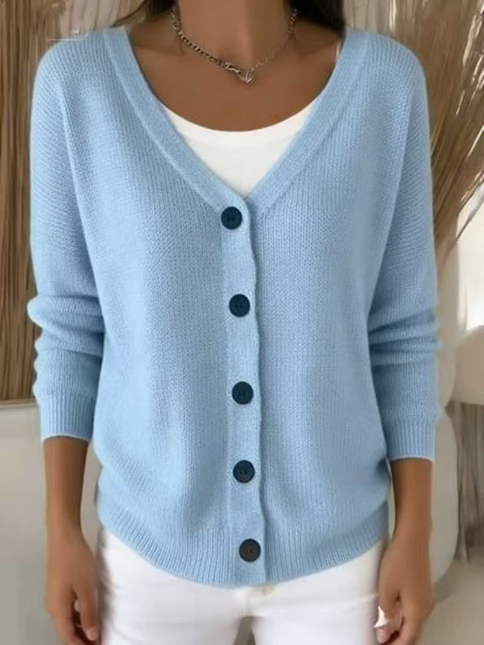 Women's Solid Knit Cardigan Sweater Coat V-Neck Button-Up Relaxed Fit