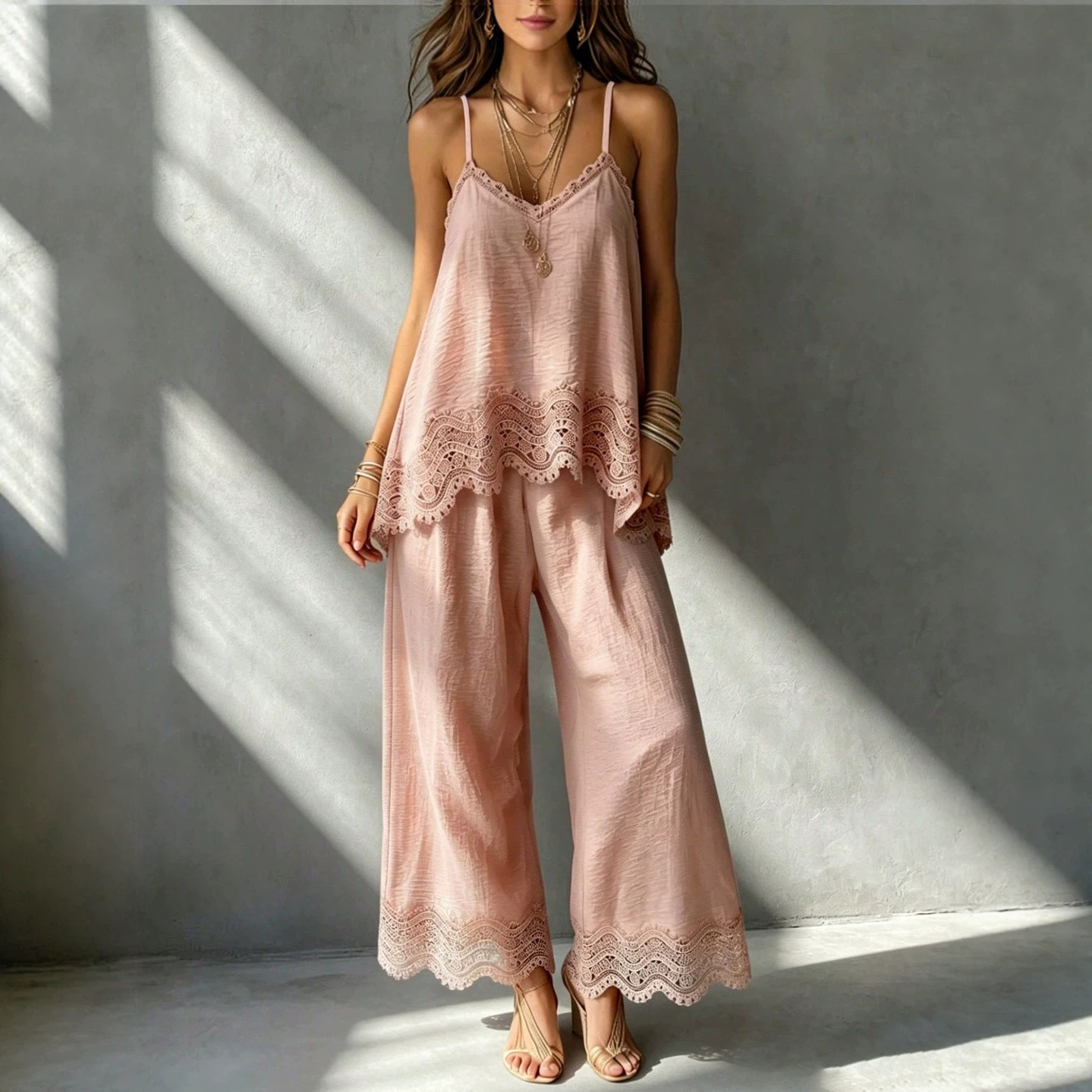 Women's Sleeveless Lace Tank Top and Pants Two-Piece Set Solid Color Casual