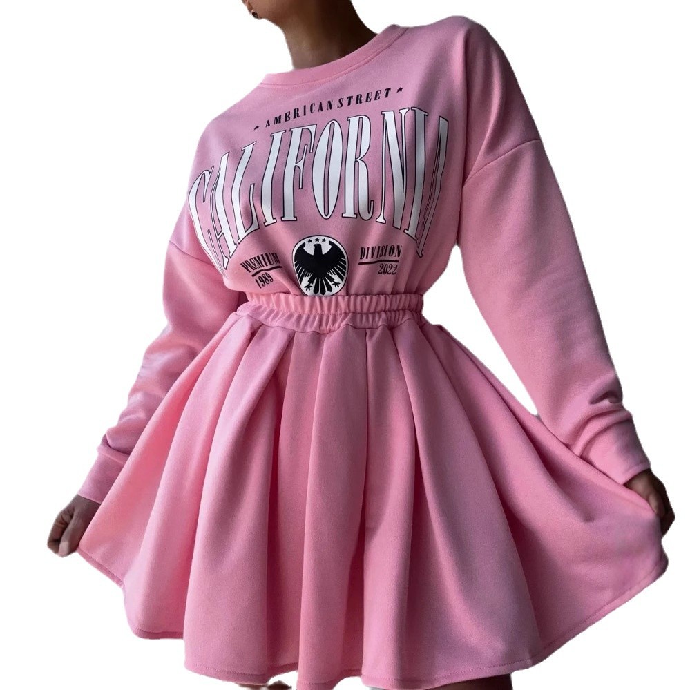 Loose Fleece-Lined Printed Pullover Top with Pleated Mini Skirt Set