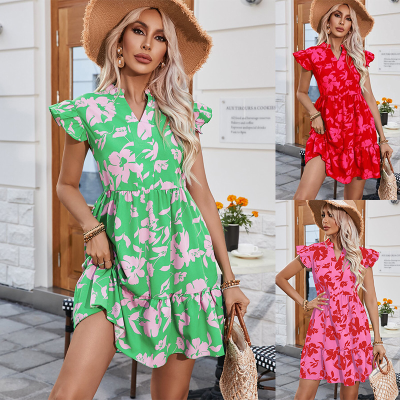 Ruffled Sleeve Loose V-Neck Printed Midi Dress