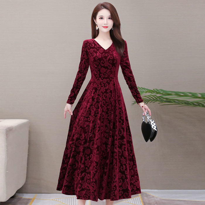 Velvet V-Neck Long Sleeve A-Line Maxi Dress