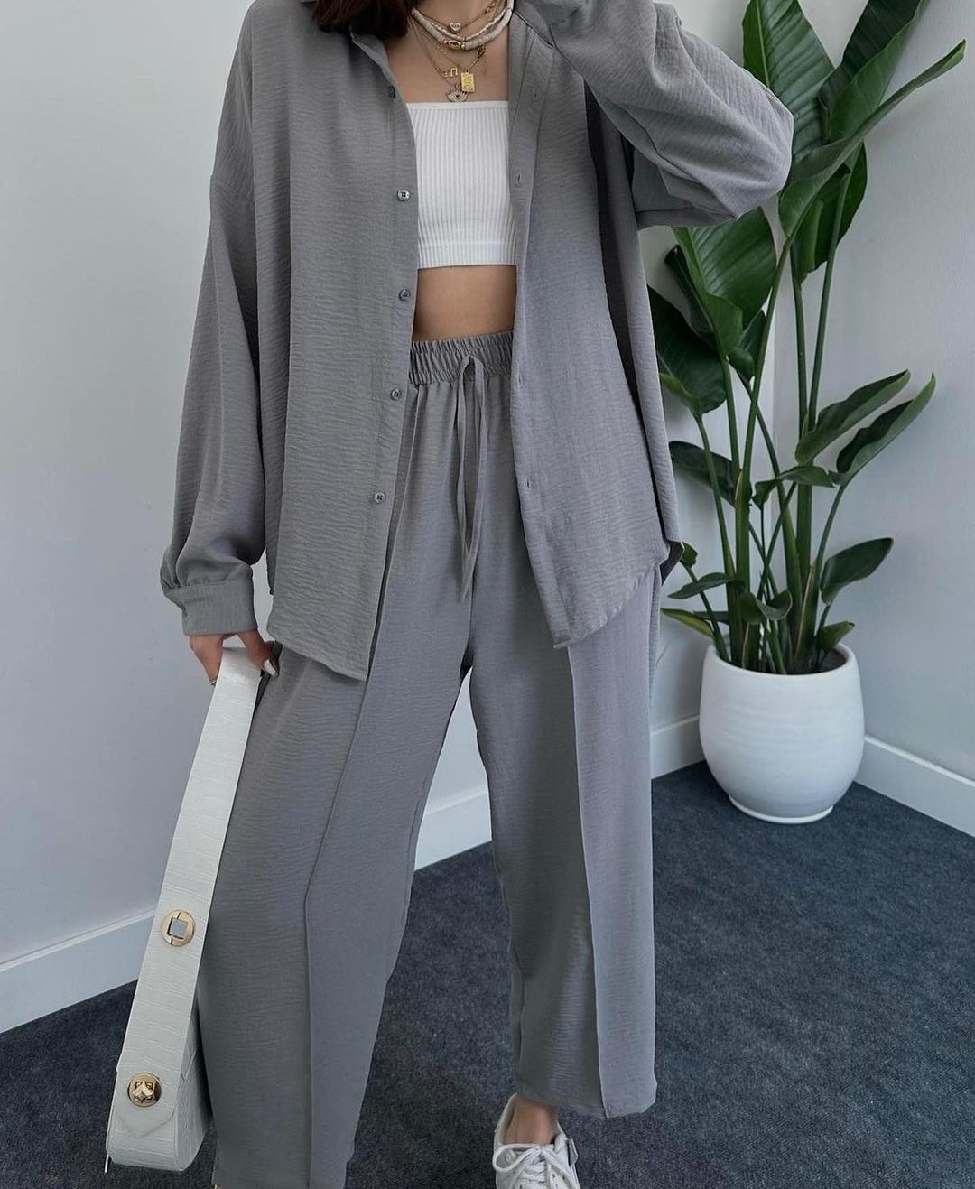 Women's Casual Two-Piece Set with Loose Collared Shirt and Tie-Waist Pants