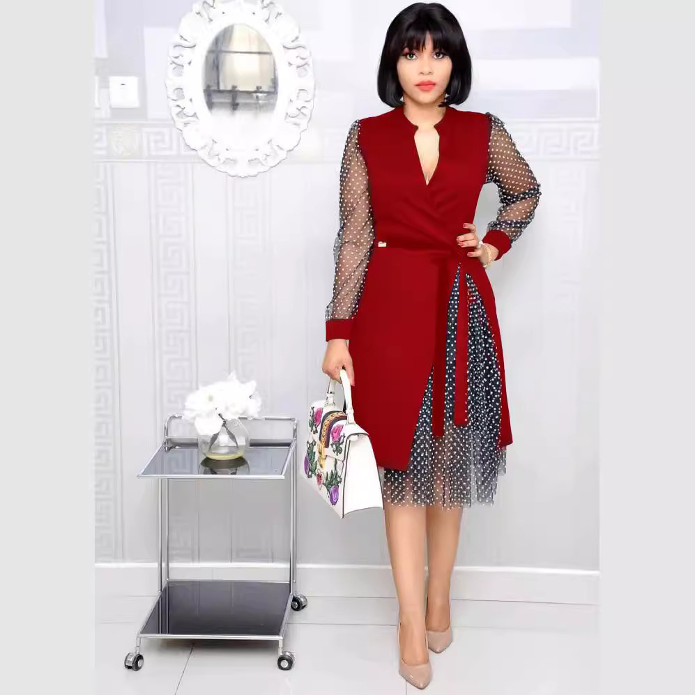 Women's V-Neck Polka Dot Mesh Panel Slit Dress