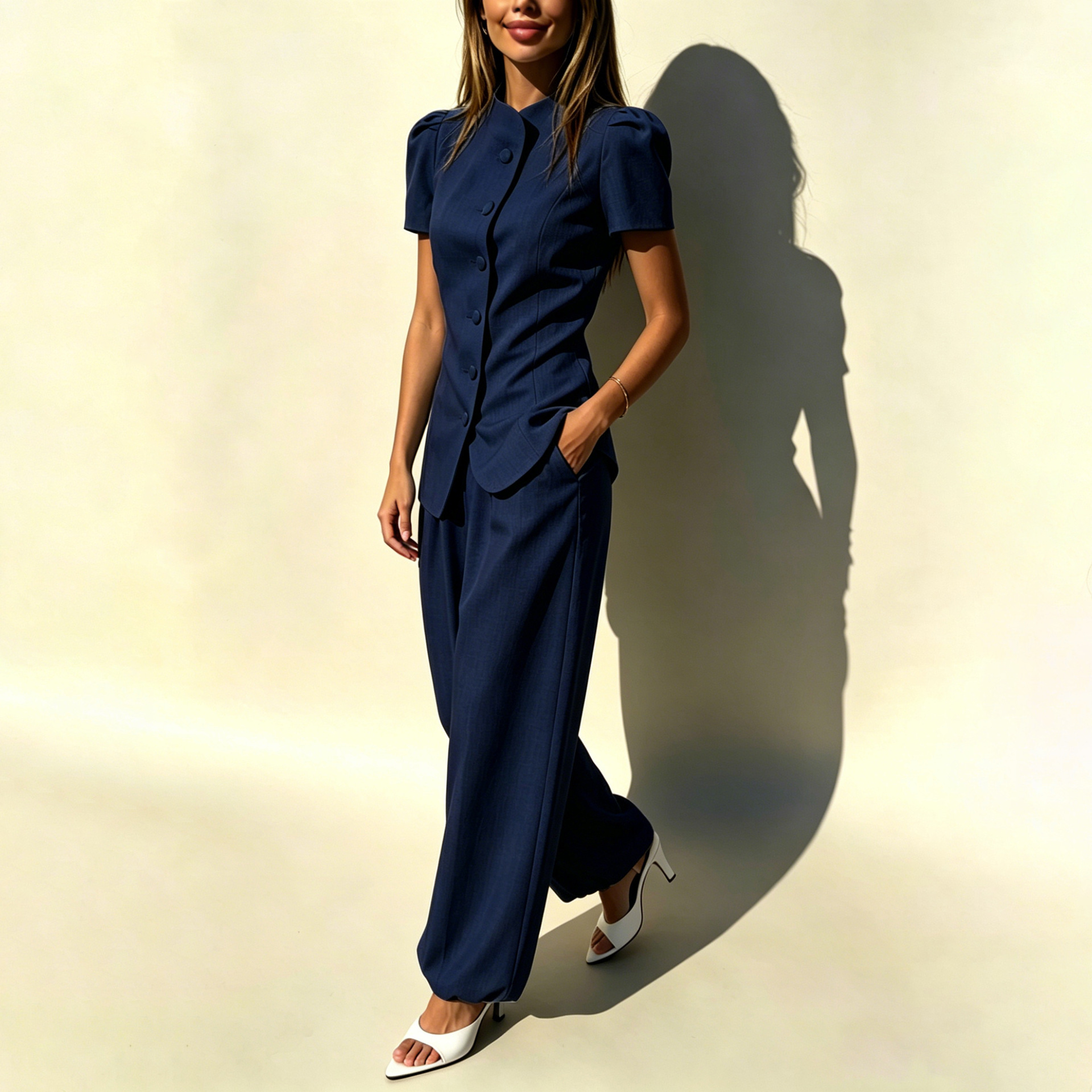 Women's Solid Color Waist-Cinched Short-Sleeve Top and Pants Two-Piece Set