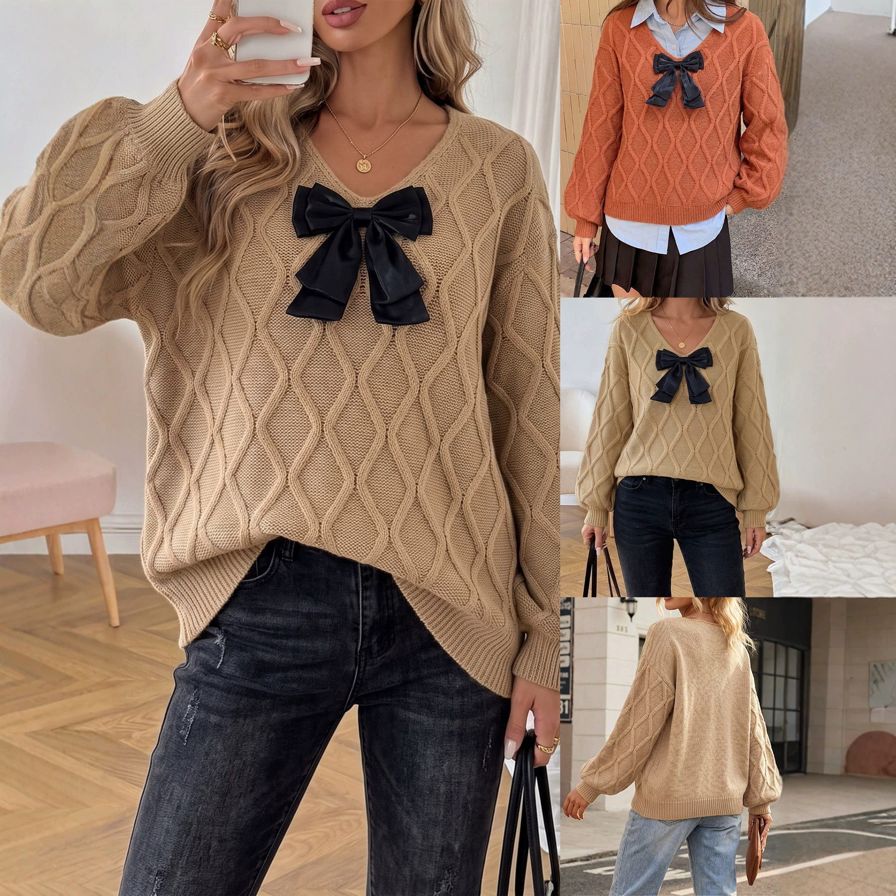 V-Neck Bow Long-Sleeve Loose Knit Sweater
