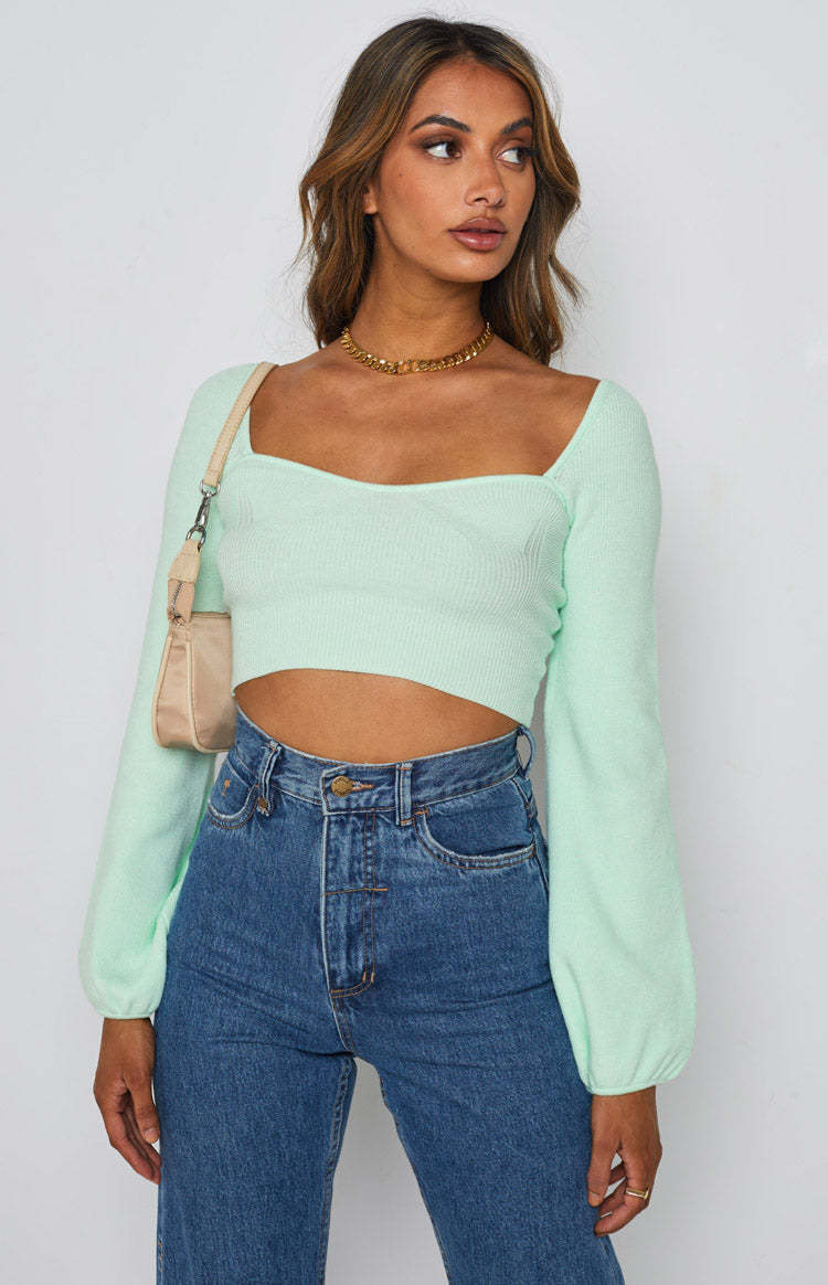 Retro Square-Neck Open-Back Knit Top with Puff Sleeves