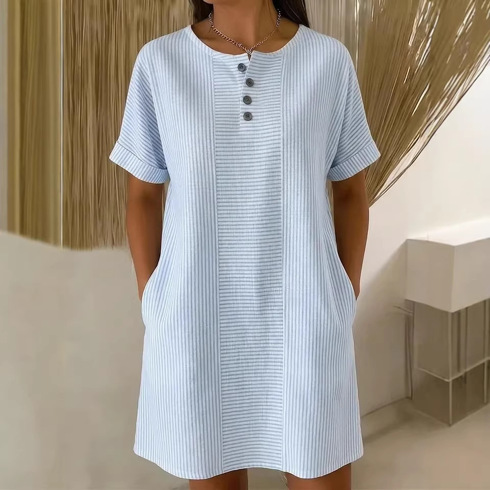 Women's Button Round Neck Loose Pocket Casual Midi Dress