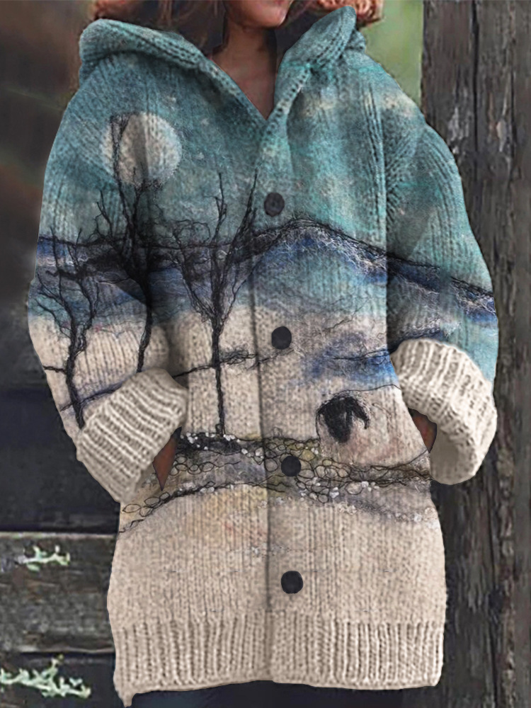 Women's Animal & Plant Print Hooded Button Cardigan