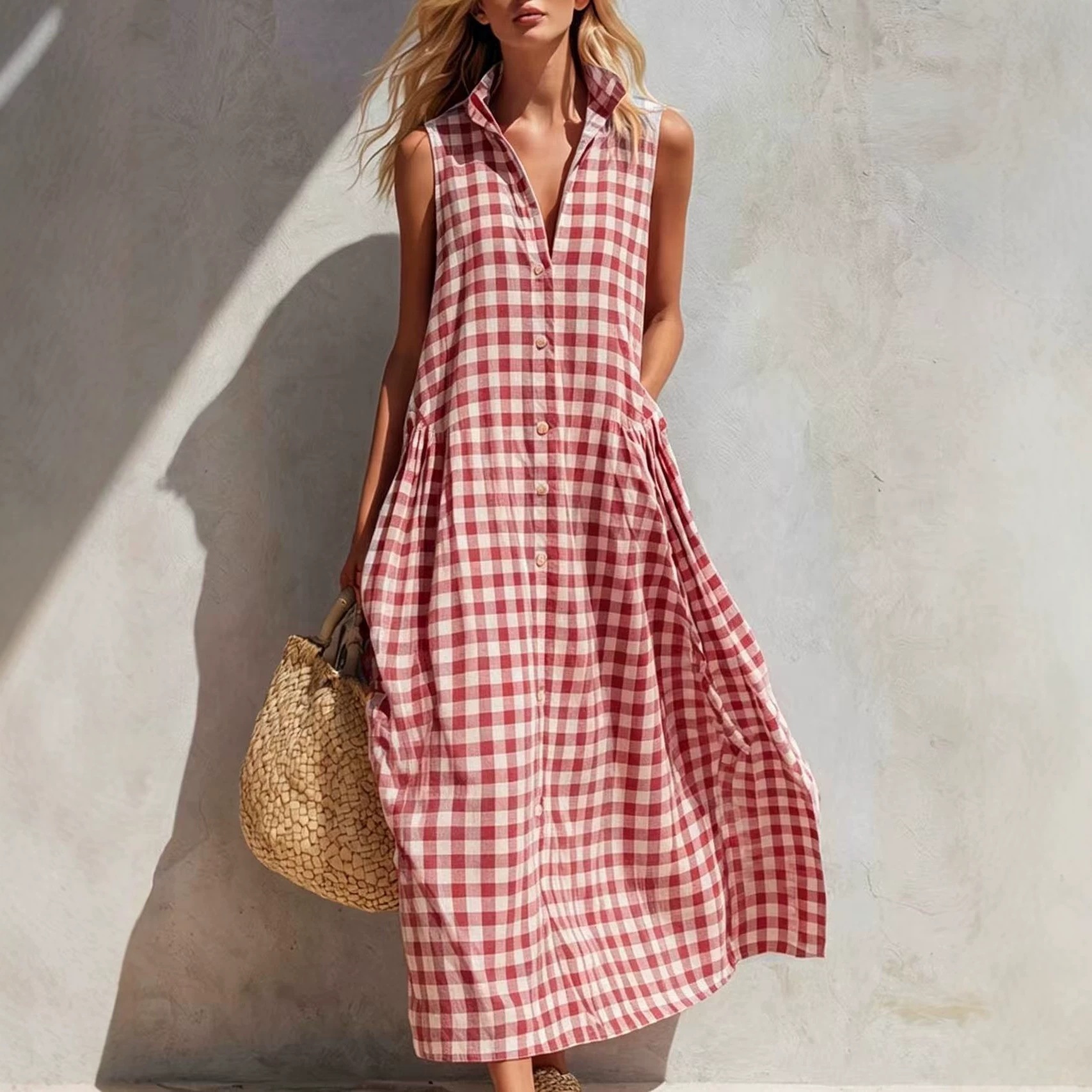 Sleeveless Plaid Maxi Dress Loose Vacation Beach