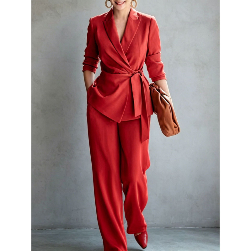 Women's Solid Color Blazer and Pants Set with Belt