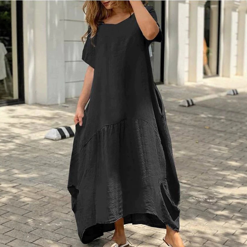 Women's Loose Cotton Linen Long Dress Casual Round Neck Short Sleeve