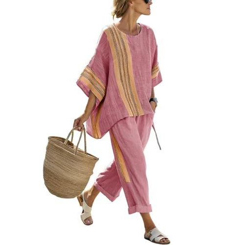 Bohemian Print Women's Two-Piece Set with Crew Neck, Three-Quarter Sleeves, and Cropped Pants