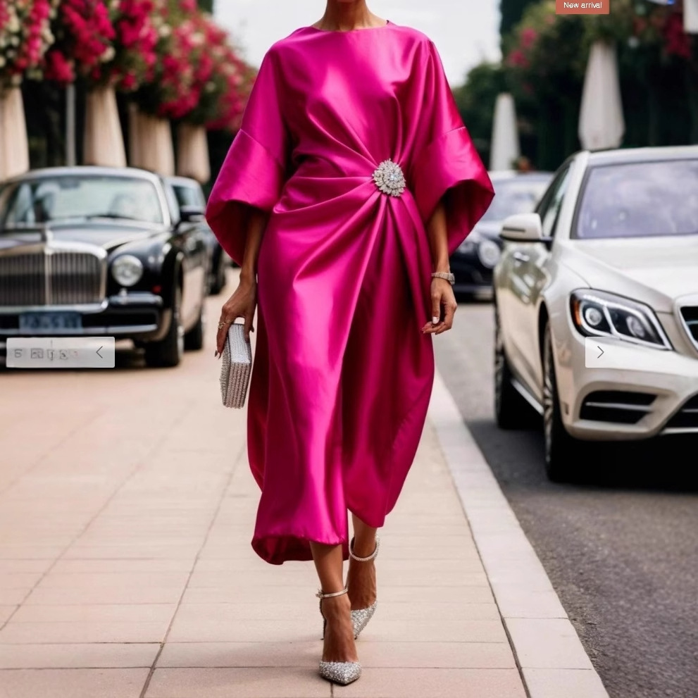 Solid Satin Knot Midi Dress Long High Waist Round Neck